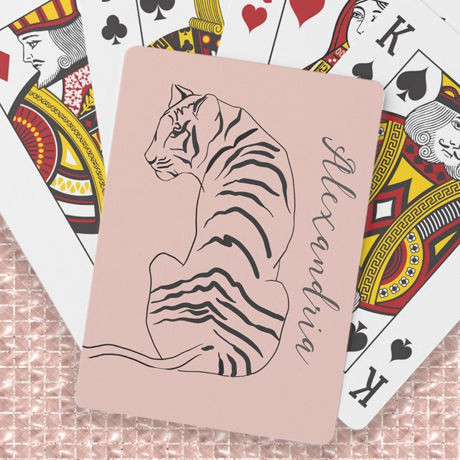 Baralho Arte Linear Tigre Rubor Rosa Nome (Line art drawing tiger playing cards personalized with your name or any text you choose.)