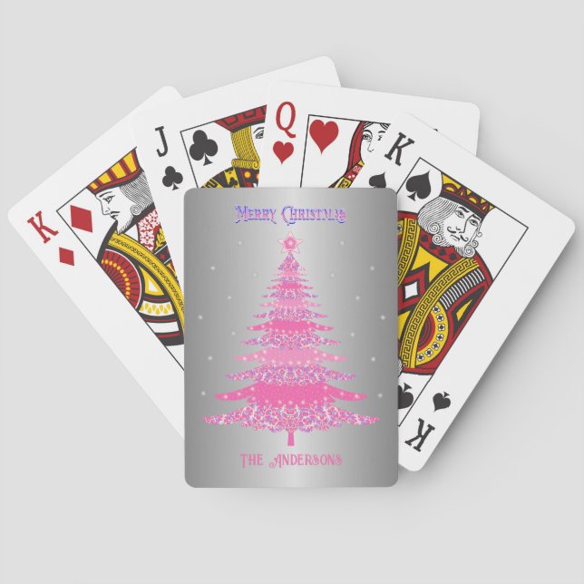 Baralho Árvore de Natal Rosa Moderna - Nome Personalizado  (Verso)
