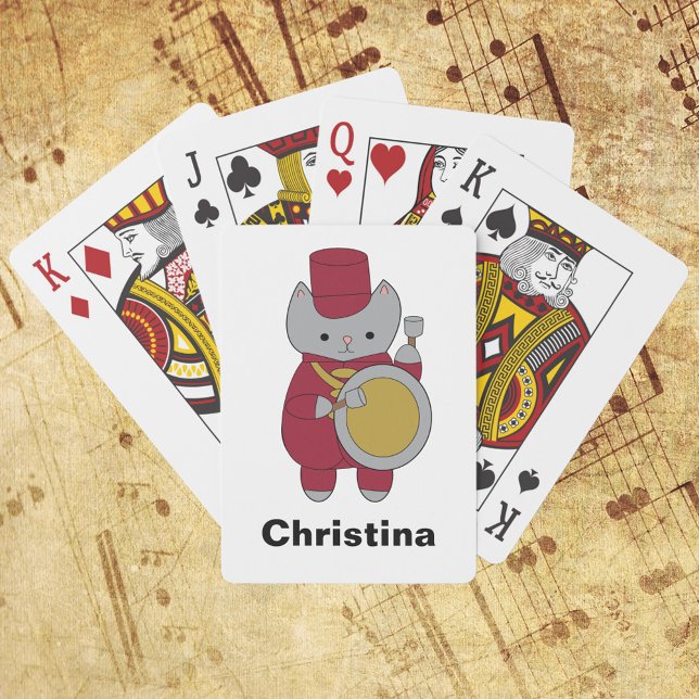 Baralho Banda de Marcha de Cat Personalize Maroon e Dourad (A cute deck of playing cards featuring a bass drum playing cat in maroon and gold)