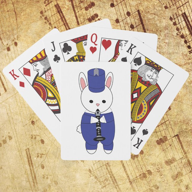 Baralho Banda Marcha Clarinet Rabbit Azul Branco (A deck of playing cards featuring a rabbit playing the clarinet in a blue & white marching uniform)