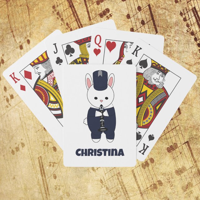 Baralho Banda Marcha Clarinet Rabbit Blue Personalize (Playing cards with a rabbit playing clarinet in a navy blue and white marching band uniform.)