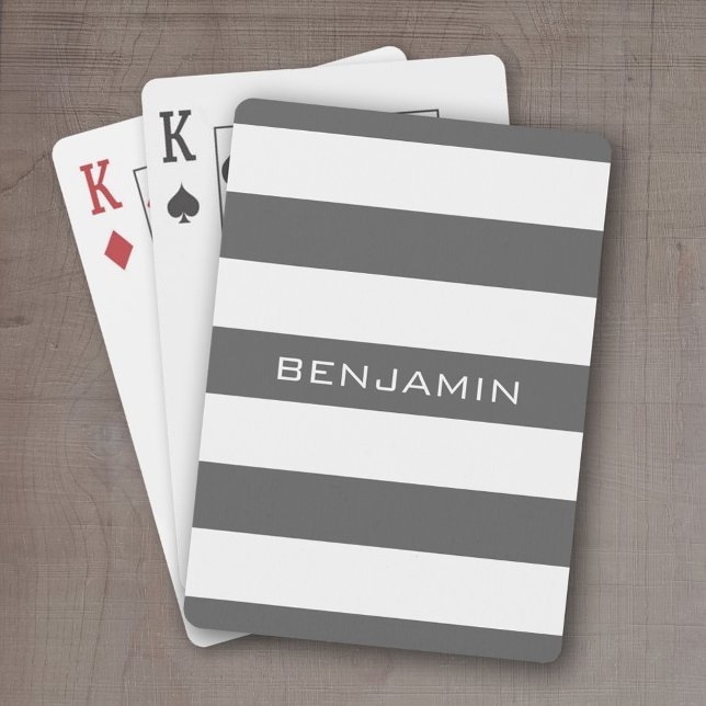 Baralho Bandas de Rugby brancas e Cinzas com nome personal (Personalized playing cards - sporty, preppy stripe pattern with name. Great gift for the guys!)