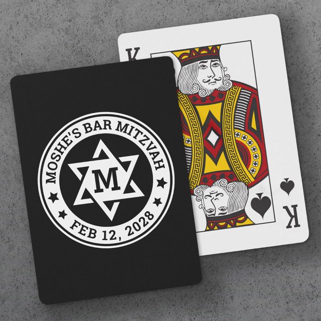Baralho Bar mitzvah Star de David preto qualquer monograma (Bar mitzvah Star of David black any color monogram Playing Cards)