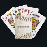 Baralho Baseball Vintage Personalizado<br><div class="desc">Uma foto de um beisebol vintage vestido fornece o pano de fundo para esses cartões de jogar personalizados. Adicione o seu nome a fontes de sans serif amargas em apuros numa sombra de castanho avermelhado que corresponda à costura. Ideal para o fã de beisebol ou esporte na sua lista de...</div>
