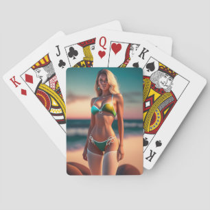 Baralho Bela pose de menina em biquíni tocando cartas