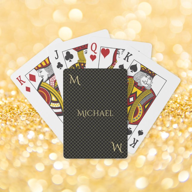 Baralho Black Faux Dourado Monogramed Modern Elegante (Black Faux Gold Monogrammed Modern Elegant Poker Playing Cards)