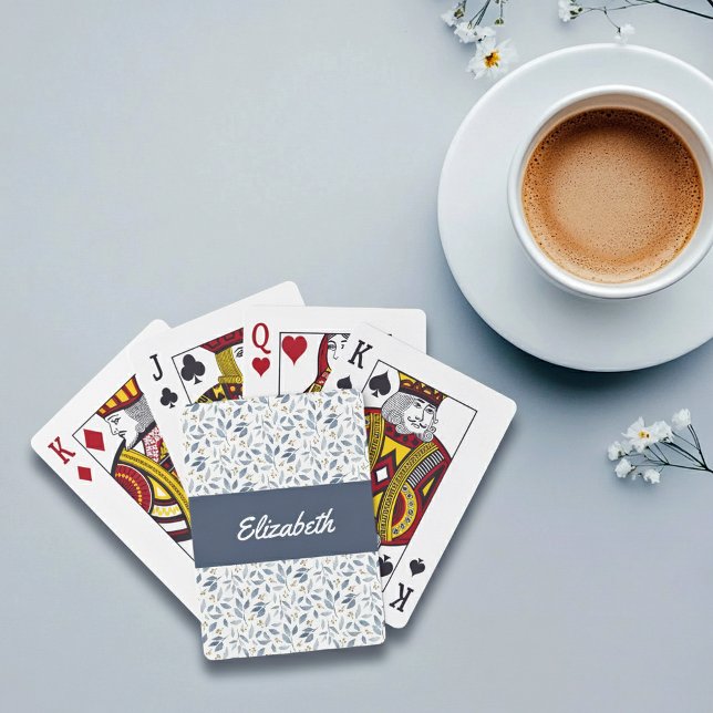 Baralho Blue Watercolor Botanical Pattern Custom Name (Criador carregado)