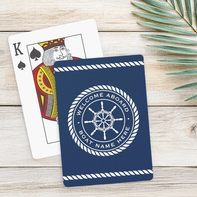 Baralho Boas-vindas a bordo do nome do barco rope náutico  (Welcome aboard boat name rope nautical ship wheel poker cards)