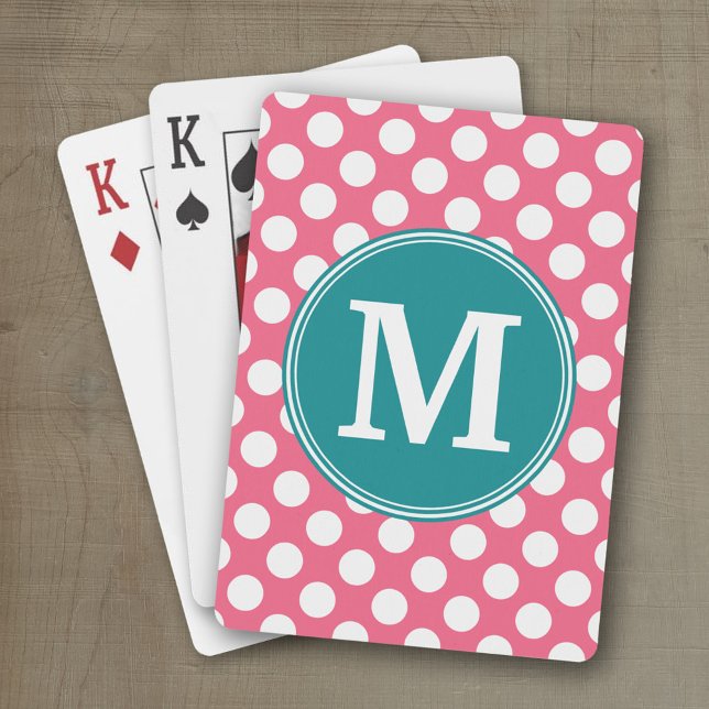 Baralho Bolinhas rosa-quente e teares com monograma person (Personalized playing cards)