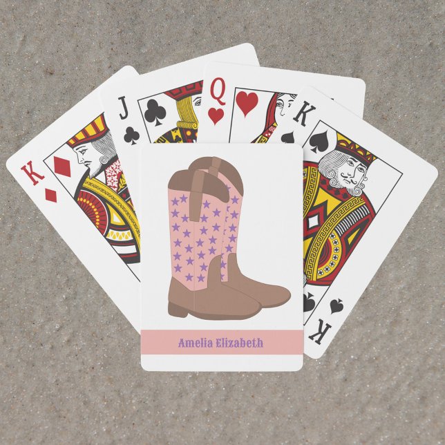 Baralho Boots do Cowboy Stars Rosa Rosa Púrpura e Castanho (A deck of playing cards with pink, brown and purple cowboy boots and text you can personalize!)