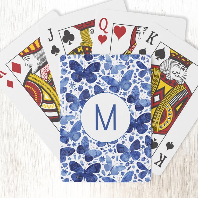 Baralho Borboleta Aquarela Monograma Azul (Modern monogram initial blue and white butterfly pattern personalized playing cards)