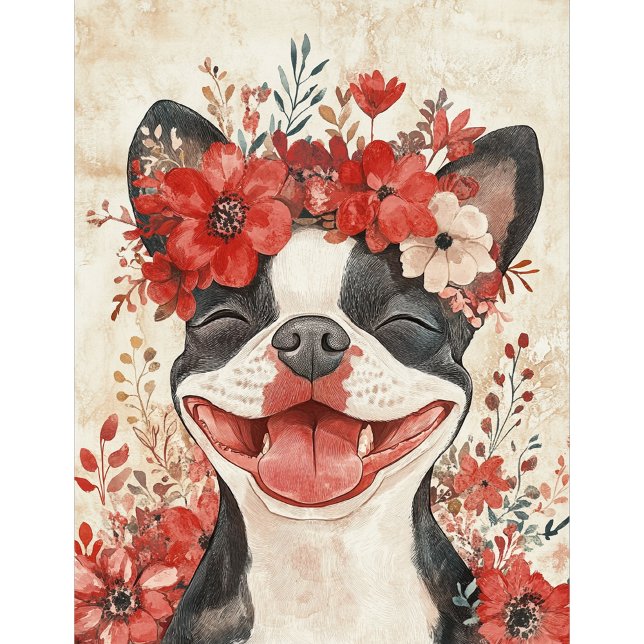 Baralho Boston Terrier Dog Red Floral (Criador carregado)