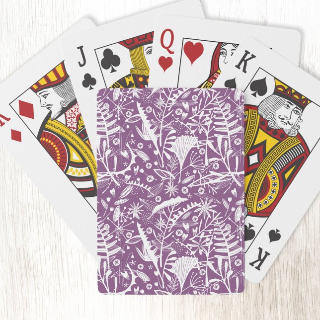 Baralho Botânico Roxo Moderno (Purple and white botanical silhouette pattern art playing cards)