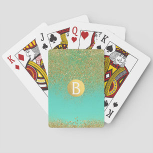 Baralho Brilho Dourado em Cascata & Água Teal Glam Moderno