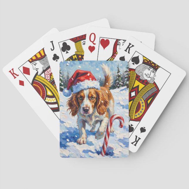 Baralho Cão Brittany Spaniel Apontando para Doce de Natal (Verso)
