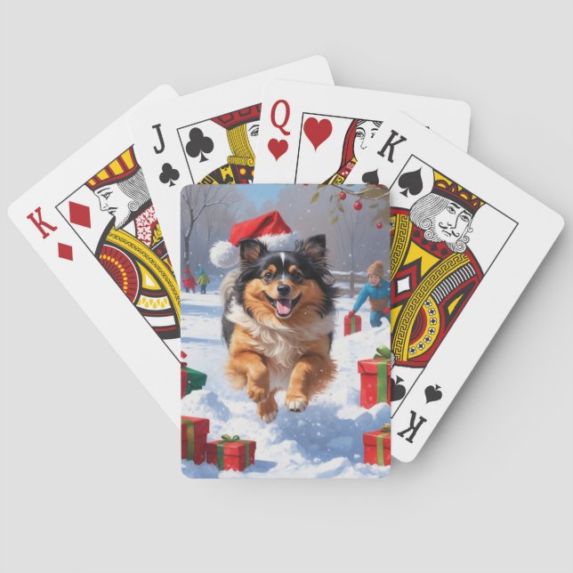Baralho Cão Keeshond Correndo na Neve com Chapéu de Natal (Verso)