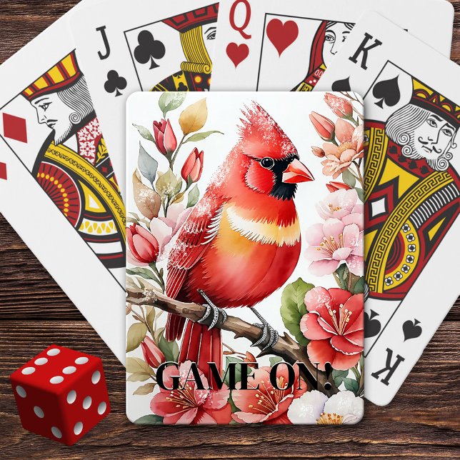 Baralho Cardeal de Natal em Neve (Deck of playing cards featuring a painting of a Christmas cardinal with snow sprinkles.)