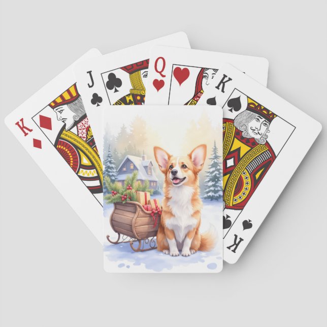 Baralho Cardigan Welsh Corgi Festive Sleigh Christmas Art (Verso)