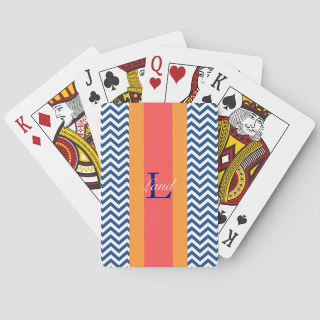 Baralho Cartas de Jogar Monogram Preppy Azul Chevron (Verso)