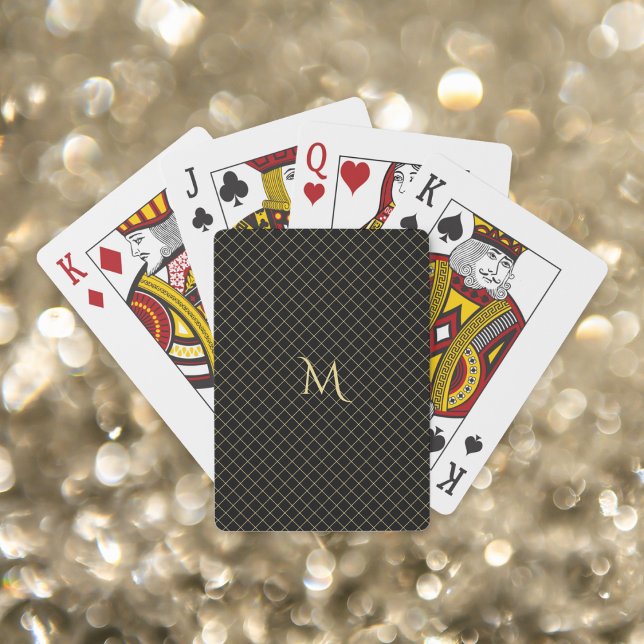 Baralho Cartaz de faixas de verificação Douradas, preto mo (Modern Black Gold Monogrammed Check Stripes Poker Playing Cards)