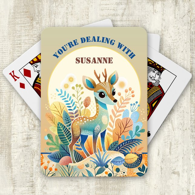Baralho Cartões De Crianças Divertidas (Deck of playing cards showing a cute colorful design with a retro cartoon deer. Child birthday gift)
