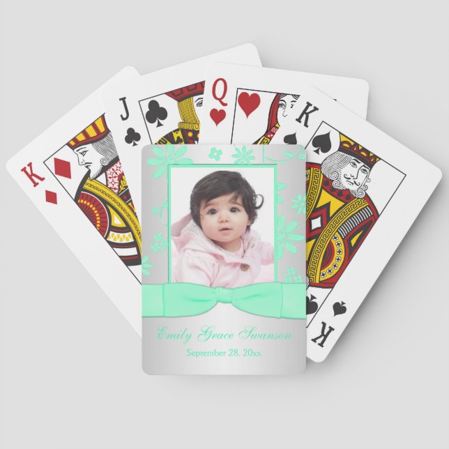 Baralho Cartões de Foto Floral Verde, Prateado (Verso)