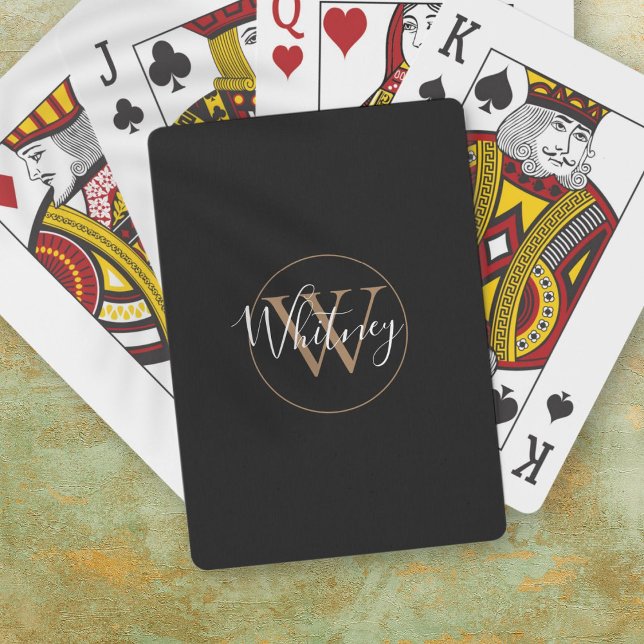 Baralho Cartões de Reprodução de Nome de Script Monograma  (Black and Gold Monogram Script Name Playing Cards)