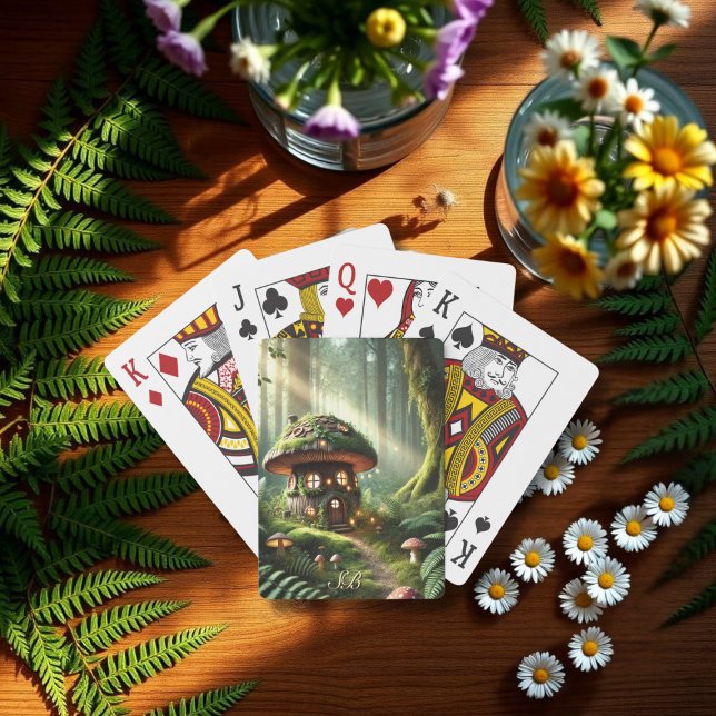 Baralho Casa de Fadas Mágicas de Cogumelos Florestais Enca (Enchanted Forest Magical Mushroom Fairy House Poker Cards with space for your initials)