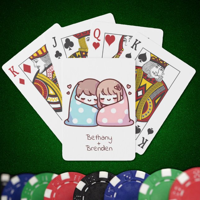 Baralho Casal de mastigação de estilo chibi personalizado  (Sweet Personalized Chibi-Style Snuggle Couple Playing Cards)