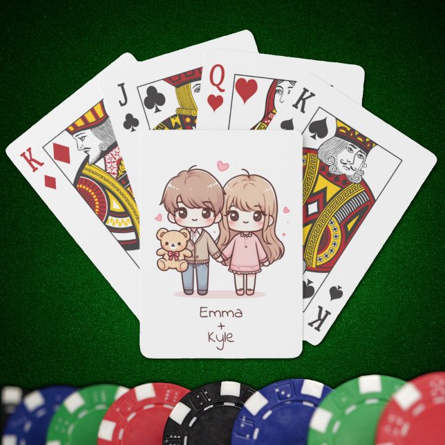 Baralho Casal de Urso de Teddy do Estilo Chibi Personaliza (Sweet Personalized Chibi-Style Teddy Bear Couple Playing Cards)