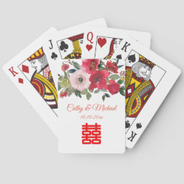 Baralho Casamento chinês moderno floral aquarela rosa verm