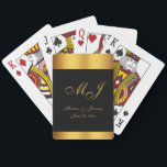 Baralho Casamento de Monograma de Script Dourado Preto Ele<br><div class="desc">Estes elegantes cartões de jogo personalizados para recém-casados apresentam um elegante roteiro de caligrafia em ouro para suas iniciais,  nomes e data de casamento monogramas para personalizar em um simples fundo preto com uma borda falsa em ouro. Os melhores votos para o seu casamento! Desenhada por Susan Coffey.</div>