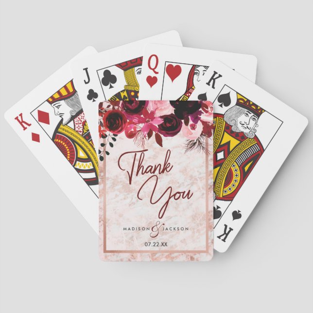 Baralho Casamento Dourado Marble, Rosa Floral de Borgonha  (Verso)