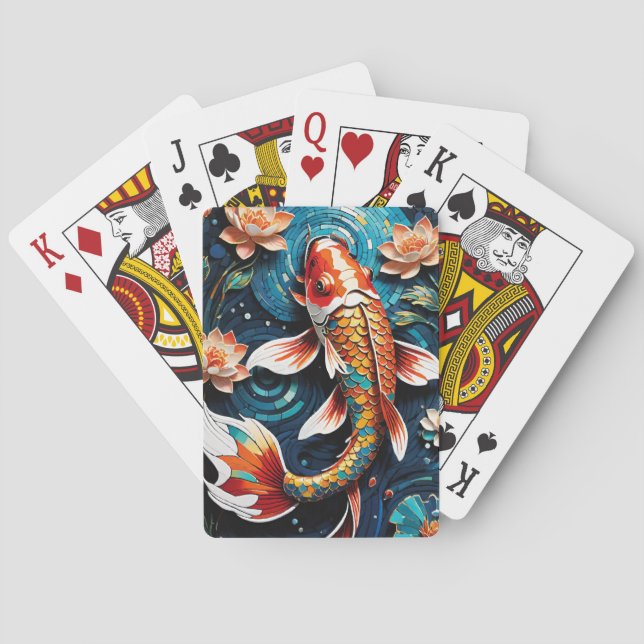 Baralho Cena Aquática de Vibrant Koi e Belas Flores (Verso)