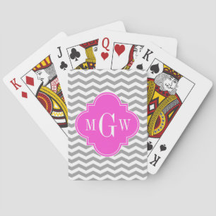 Baralho Cinza Chevron Quatrefoil Rosa Quente 3 Monograma T
