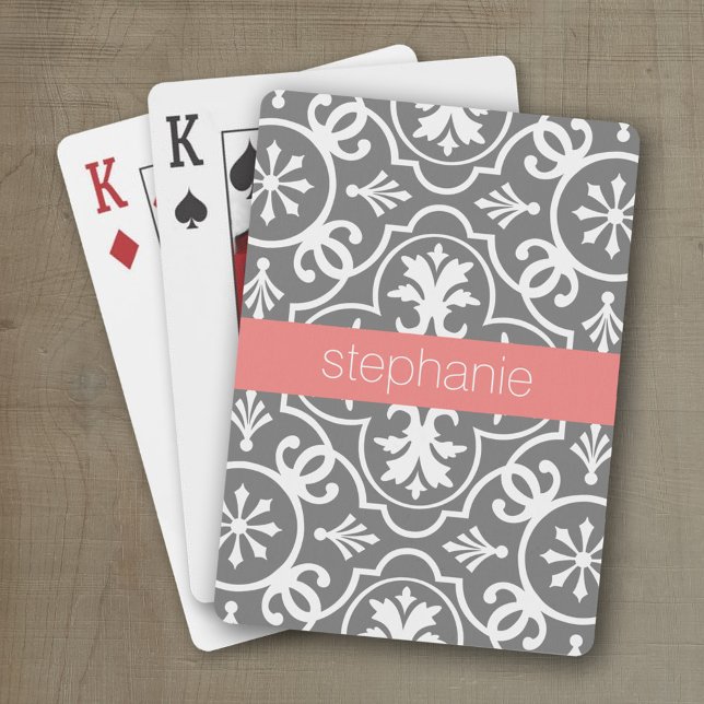 Baralho Cinza e Padrão Geométrico Branco com Nome Personal (Personalized playing cards with a geometric pattern and a place for a name)