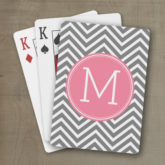 Baralho Cinzas e braçadeiras cor-de-rosa com monograma per (Personalized playing cards with an area for text such as a name or monogram)