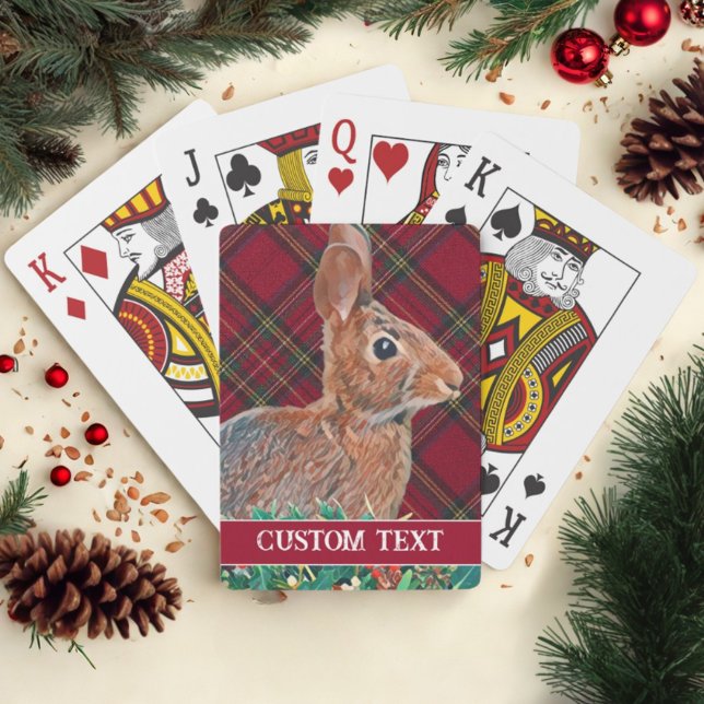 Baralho Coelho com Holly Berries e Xadrez personalizável (Christmas cards with a rabbit and custom text make a great, personal stocking stuffer!)