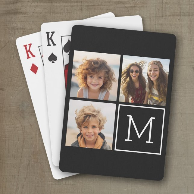 Baralho Colagem de Fotos de Tendência Preta e Branca com M (Personalized playing cards with a fun area to add photos and text such as a name or monogram)