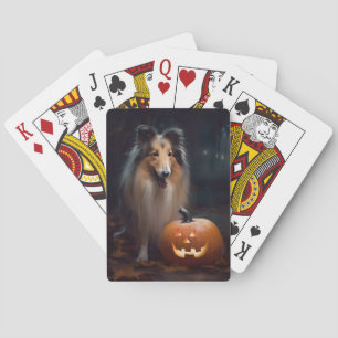 Baralho Collie Áspero de Halloween com Abóboras Assustador