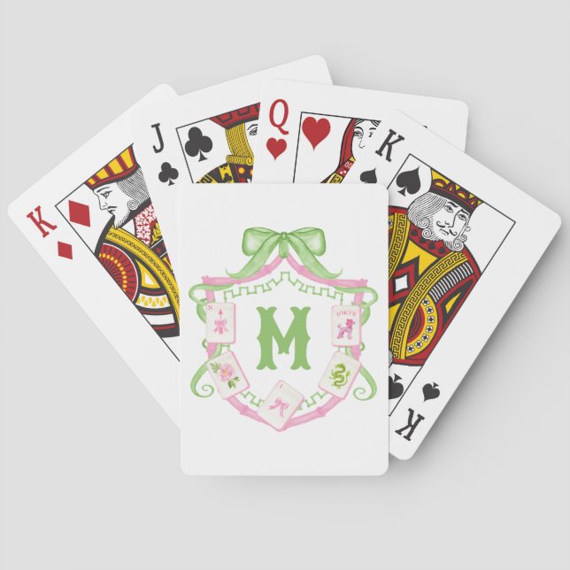 Baralho Crest Monograma de Mahjong com Laço Rosa e Verde e (Verso)
