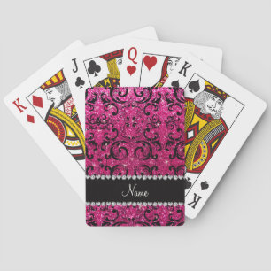 Baralho Custom name black neon hot pink glitter damask