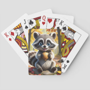 Baralho Cute Kawaii style Racoon segurando uma bolota