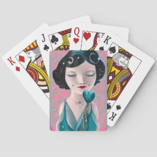 Baralho Dama do Coração Teal Deco da Arte Surreal Retroati