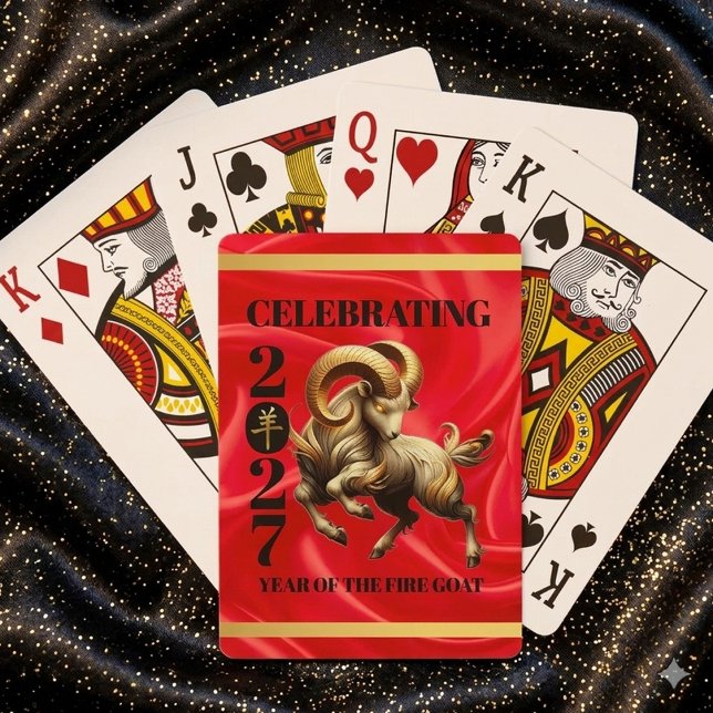 Baralho Deslumbrante Ano Novo Chinês do Bode de Fogo Doura (Stunning Red & Gold Chinese Year of the Fire Goat 2027 Playing Cards Cover Photo)