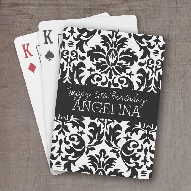 Baralho Feliz aniversário com Trendy Black e White Damask (Personalized playing cards - Fun Birthday Design)