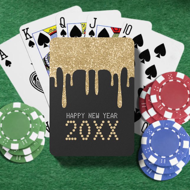 Baralho Feliz ano novo de Unidade de Leitura Dourada e Pre (Black & Gold Glitter Drip Happy New Year 2024 Playing Cards)