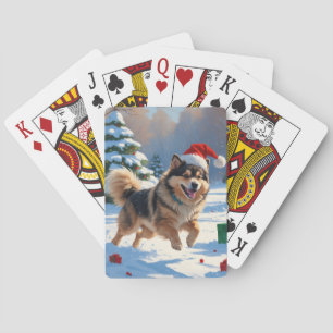 Baralho Finnish Lapphund Correndo na Neve com Chapéu de Na