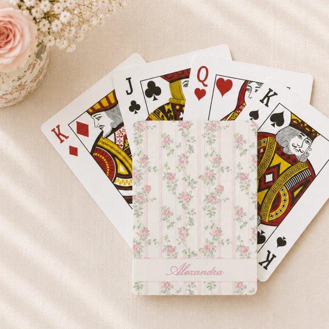 Baralho Floral Rosa Personalizado (elegant girly grandmillennial coquette pink rose floral playing cards with custom name monogram)