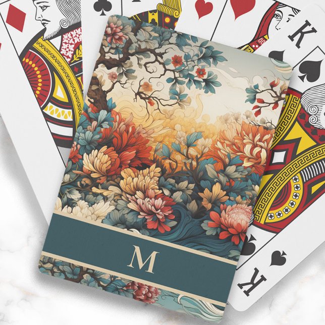 Baralho Flores de Teto Laranja Deixam Monograma Inicial (Elegant orange and teal flowers and leaves monogram playing cards)
